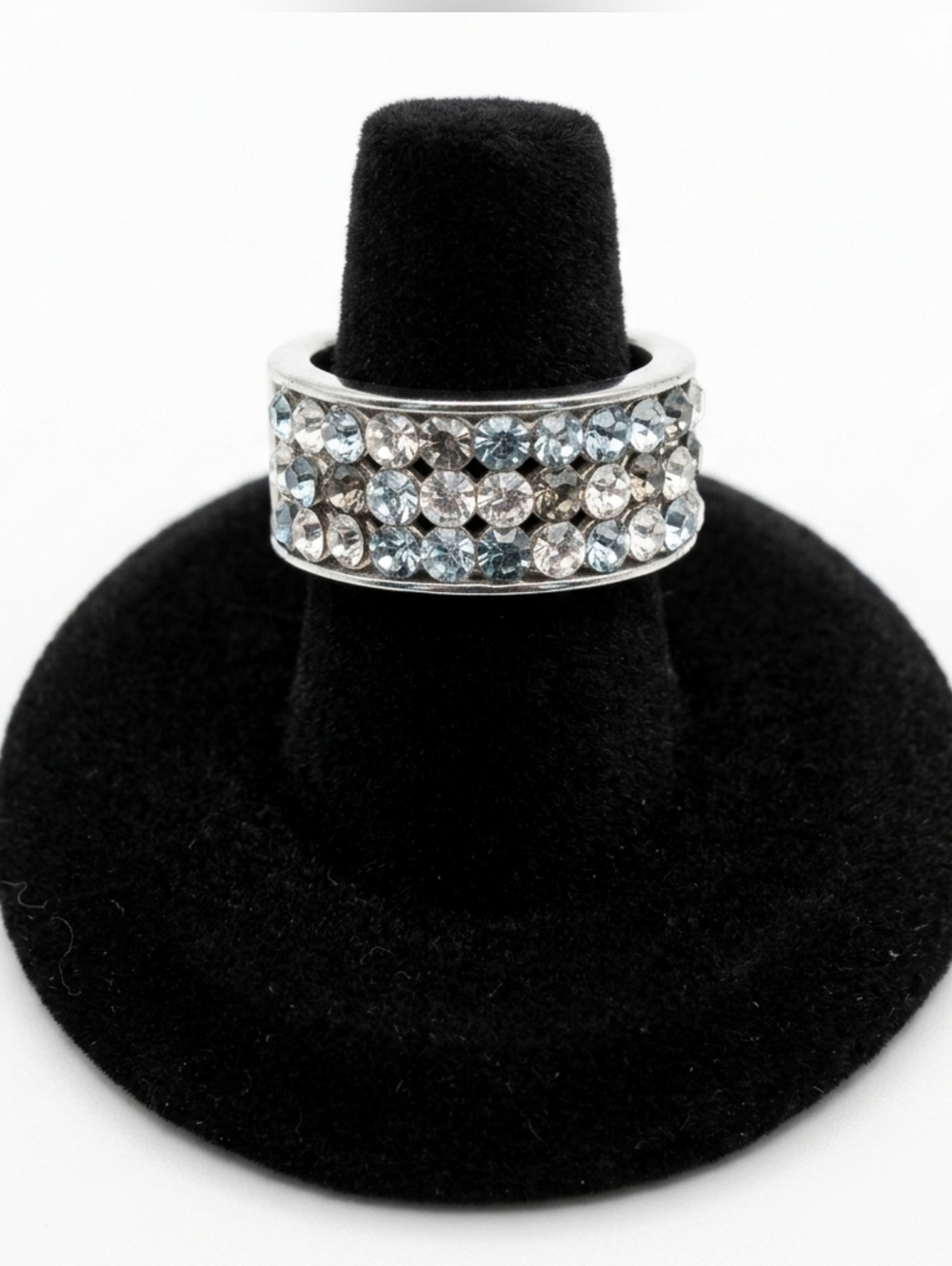 .925 Sterling Silver Blue Pave Crystal Wide Band Ring Sz 6.5